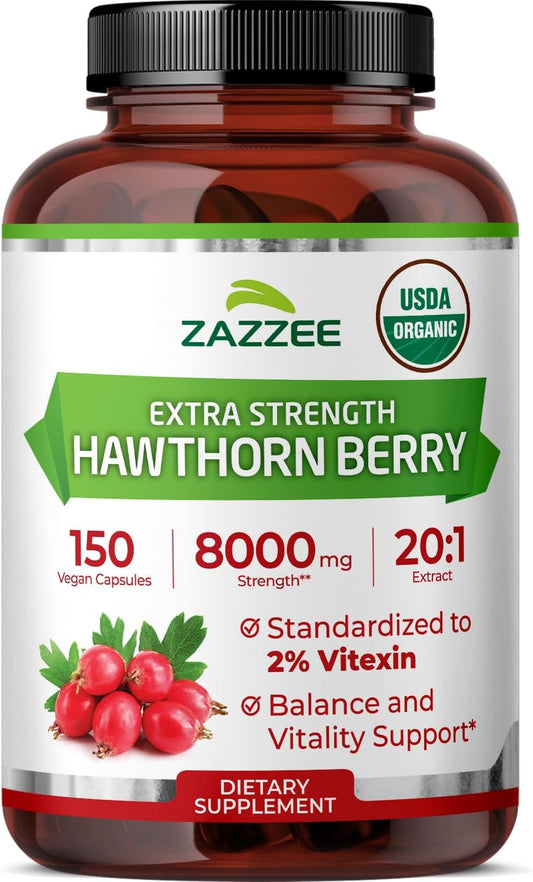Zazzee USDA Organic Hawthorn Berry 20:1 Extract, 2% Vitexin, 150 Capsules | 5 Month Supply, Vegan, Crataegus Pinnatifida, Antioxidant & Circulation Support, Herbal Supplement, Non-GMO, Made in the USA