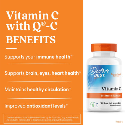 Doctor's Best Vitamin C 1000mg Supplement for Men & Women - Vegan Vitamin C Capsules as Q-C Ascorbic Acid, Immune Health Support for Adults, Non GMO, Gluten Free, Soy Free - 120 Veg Caps