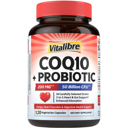 Vitalibre CoQ10 200 mg, with Probiotics for Women & Men, 50 Billion CFU, High Absorption Ubiquinone, Heart & Gut Energy Support, Powerful Antioxidant, Easy to Swallow, 60 Vegan Capsules