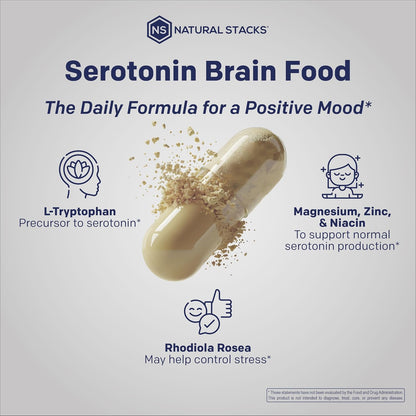 Serotonin Brain Food, Mood Support w/ Tryptophan & Rhodiola Rosea, 60 Count | 1250mg L-Tryptophan Stress Relief Supplement w/ Magnesium Glycinate & Zinc - Neurotransmitter Support - Natural Stacks