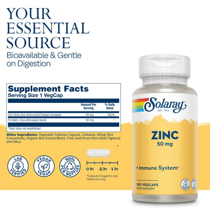 Solaray Zinc 50mg Immune Support Capsules, 100 Count, Vegan, Pumpkin Seed