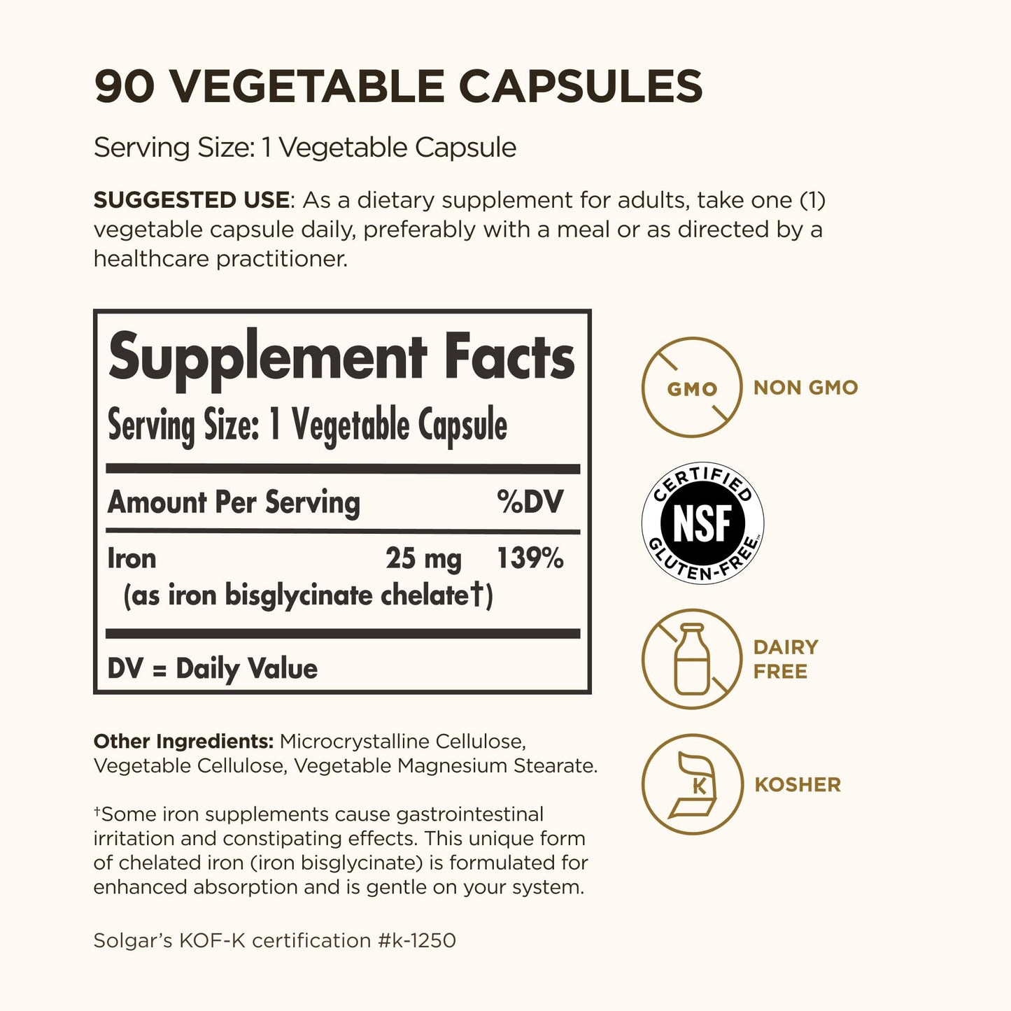 Solgar Gentle Iron, 180 Vegetable Capsules - Ideal for Sensitive Stomachs - Non-Constipating - Red Blood Cell Supplement - Non GMO, Vegan, Gluten-Free, Dairy Free, Kosher - 180 Servings