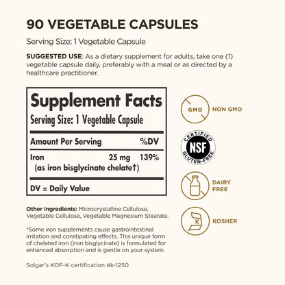 Solgar Gentle Iron, 180 Vegetable Capsules - Ideal for Sensitive Stomachs - Non-Constipating - Red Blood Cell Supplement - Non GMO, Vegan, Gluten-Free, Dairy Free, Kosher - 180 Servings