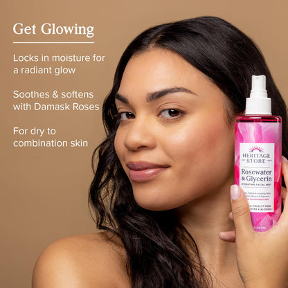 HERITAGE STORE Rosewater & Glycerin Hydrating Facial Mist - Dry Combination Skin Care - Rose Water Spray w/Vegetable Glycerine, Made Without Dyes or Alcohol, Hypoallergenic, 12 FL OZ