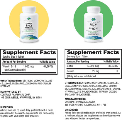 Earth's Splendor Energy & Hair Support: Vitamin B12 (200 Tablets) + Biotin 10,000 mcg & Keratin 25mg (60-Day Supply) - Boosts Energy, Hair, Nails & Skin - No Artificial Colors, Gluten Free