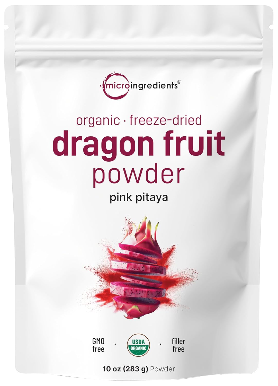Micro Ingredients Organic Dragon Fruit Powder, 10oz | Natural Fruit Flavor | Freeze-Dried Pink Pitaya Source | No Sugar & Additives | Great for Drinks, Smoothie, & Beverages | Non-GMO & Vegan Friendly