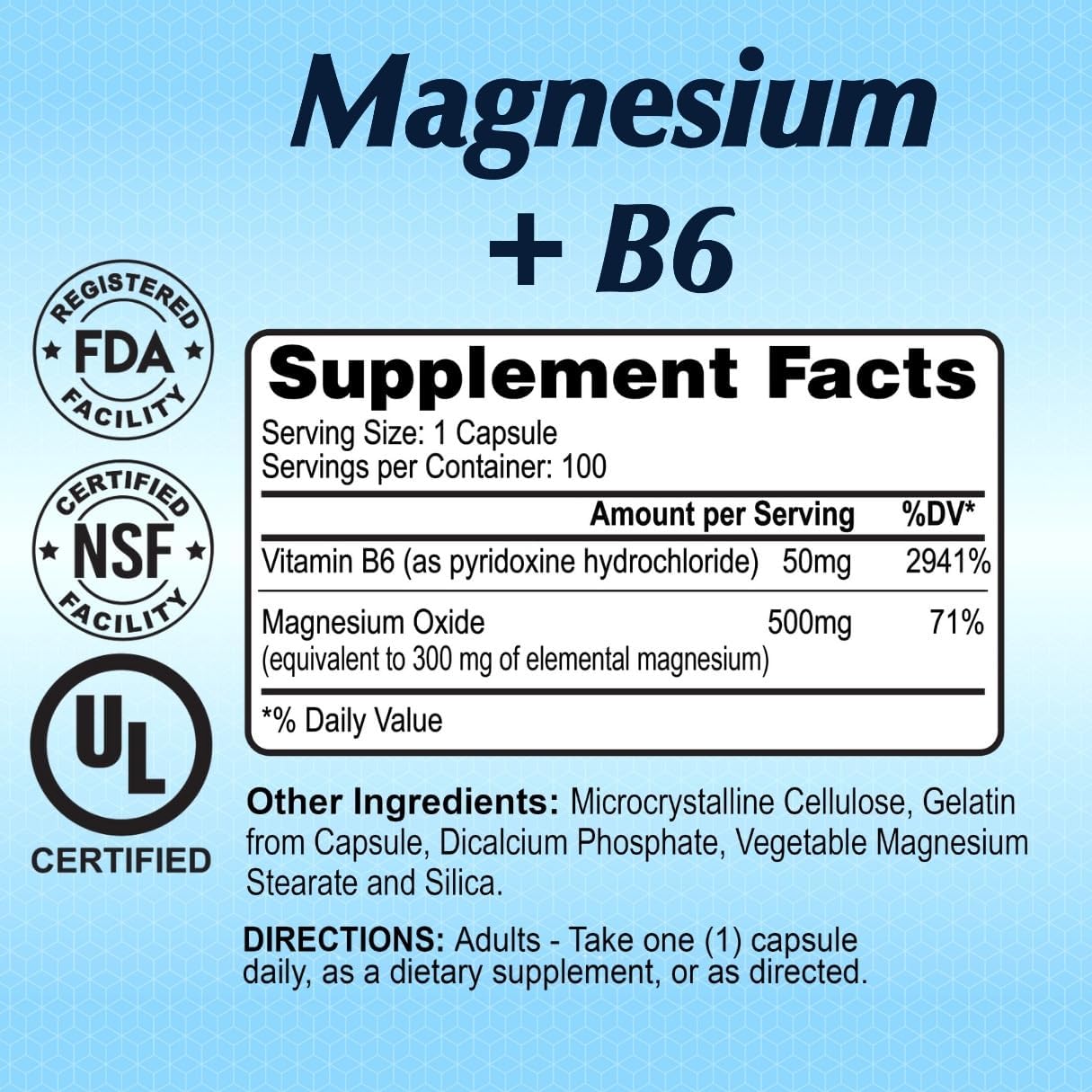 Magnesium Plus B-6 500 Mg by Alfa Vitamins - Cardiovascular Health - Supports Energy Production &r Enzyme Function - 100 Capsules