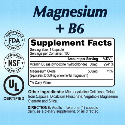 Magnesium Plus B-6 500 Mg by Alfa Vitamins - Cardiovascular Health - Supports Energy Production &r Enzyme Function - 100 Capsules