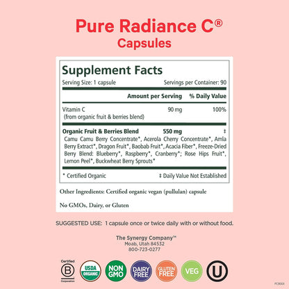 PURE SYNERGY Pure Radiance C | Organic Vitamin C Capsules | 100% Natural, Whole Food, Non-GMO Supplement with Organic Camu Camu | for Immune and Collagen Support (90 Capsules)