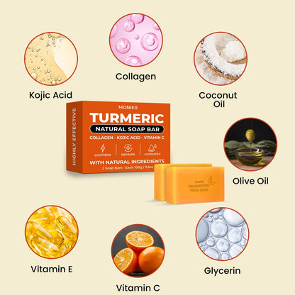MONIER Turmeric Soap Bar for Dark Spots - With Kojic Acid & Collagen | With Kojic Acid, Collagen, Coconut Oil, Vitamin C, Vitamin E, Moisturizing & Nourishing, Natural (2 Soap Bars + Storage Net)