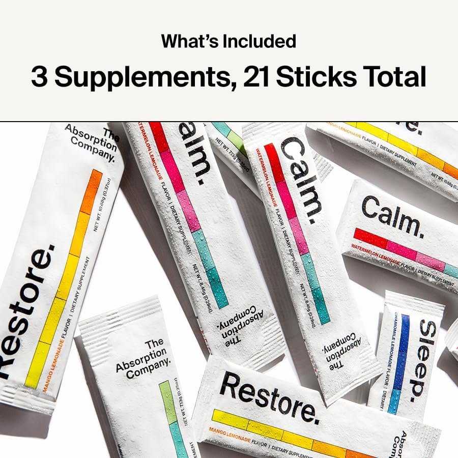 The Absorption Company Powder Bundle - Calm, Restore & Sleep Packets (21) | Magnesium, Electrolyte & L-Theanine Packets, High-Absorption Supplement Stack Kit, Vitamin C & D Support, Third-Party Tested