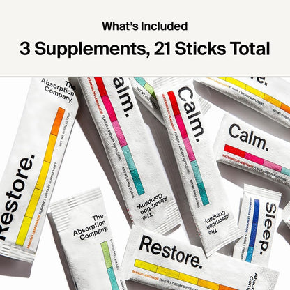 The Absorption Company Powder Bundle - Calm, Restore & Sleep Packets (21) | Magnesium, Electrolyte & L-Theanine Packets, High-Absorption Supplement Stack Kit, Vitamin C & D Support, Third-Party Tested