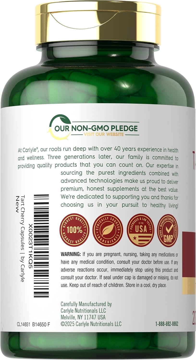 Carlyle Tart Cherry Capsules | 200 Pills | Max Potency | Non-GMO, Gluten Free | Tart Cherry Juice Extract