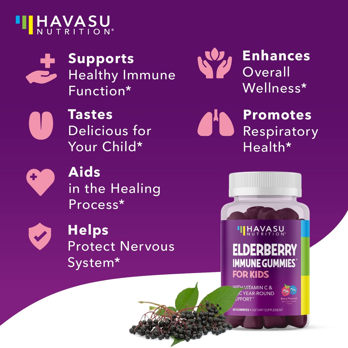 Elderberry Gummies for Kids with Vitamin C & Zinc, Berry, 30 Servings | Vegan, Non-GMO, Gluten Free Immune Support for Children, Daily Defense with Antioxidants & Essential Nutrients, 60 Count