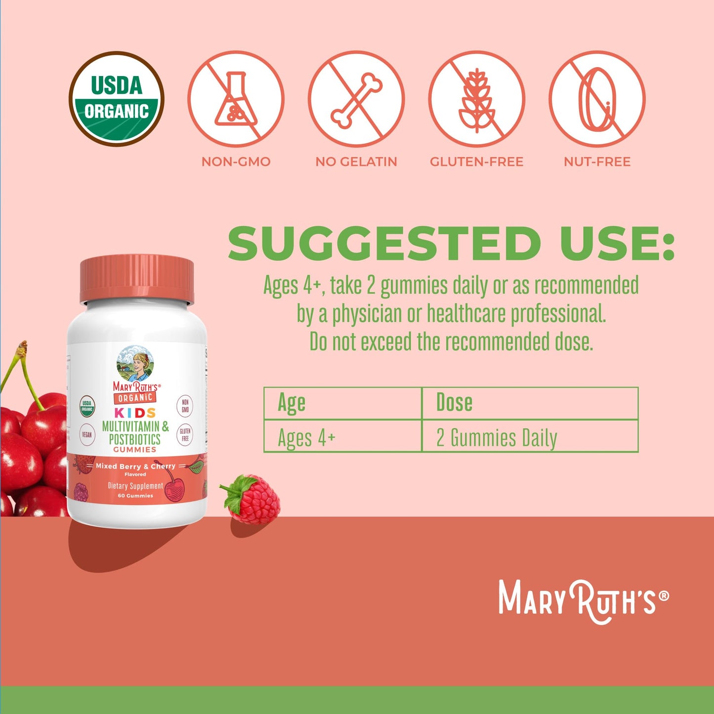 MARYRUTH'S Kids Vitamins USDA Organic | Multivitamin Gummies + Postbiotics for Ages 4+ | Multivitamin for Kids with Lactobacillus Rhamnosus | Children’s Vitamins | Vegan | Non-GMO | 60 Count