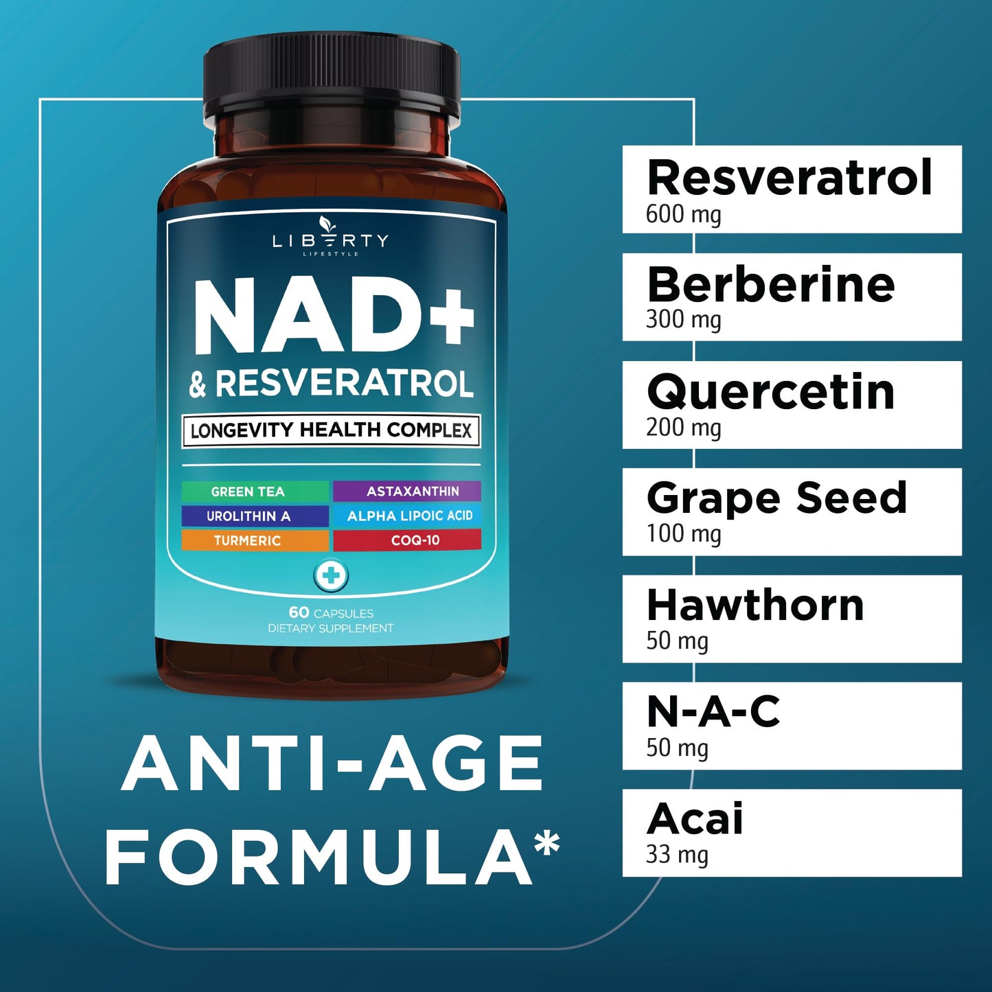 NAD+ Supplement Complex – NAD+ 300 mg with Astaxanthin, Urolithin A, Resveratrol, CoQ10 & Antioxidant Blend – Cellular Energy, Mitochondrial Support or Women & Men – Vegan, Non-GMO- 120 Capsules