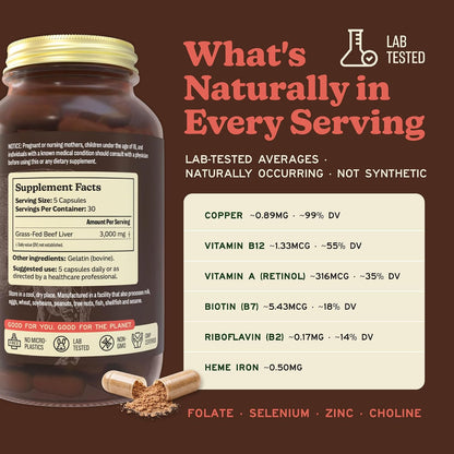 MK Supplements Grass-Fed Desiccated Beef Liver, Non-Defatted, Made in USA | 3,000mg per serving, 150 capsules, 30 servings, freeze-dried, regeneratively raised, amber glass bottle, family owned