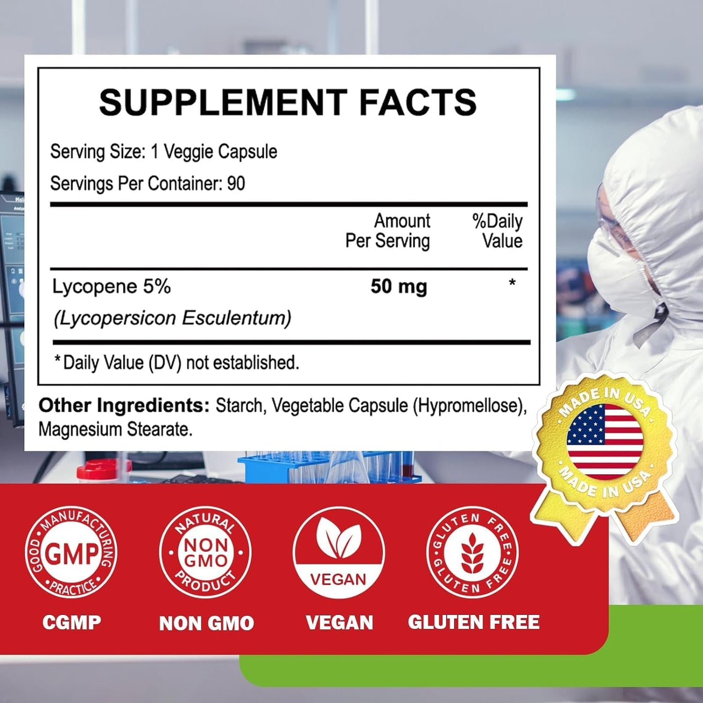 Lycopene 50mg Supplements for Men, Natural Tomato Antioxidant Supplement, 90 Veggie Capsules-Cardiovascular Health, Immune Support & Skin Health, 3 Month Supply