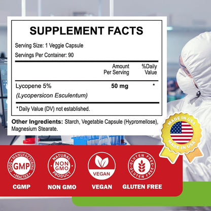 Lycopene 50mg Supplements for Men, Natural Tomato Antioxidant Supplement, 90 Veggie Capsules-Cardiovascular Health, Immune Support & Skin Health, 3 Month Supply