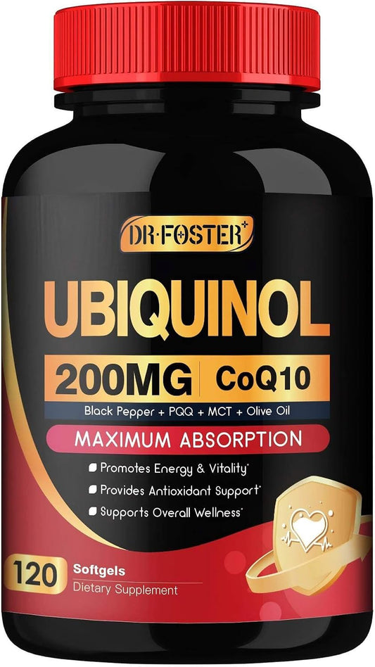 DRFOSTER Ubiquinol CoQ10 200mg, with PQQ & Vitamin E, 120 Servings | Active Ubiquinol, Coq10 200mg, Black Pepper for Max Absorption, Allergen-Free, Powerful Antioxidant, Brain & Energy Support