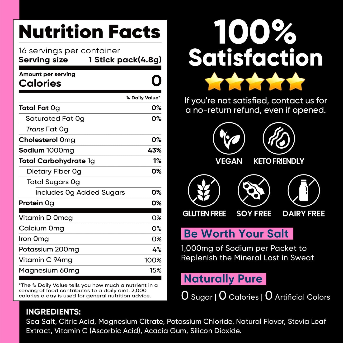 Venture Pal High Sodium Sugar-Free Electrolytes Powder Packets, 16 Sticks | Hydration Packets with Sodium, Potassium & Magnesium, Zero Calories, Keto, Vegan, and Paleo Friendly