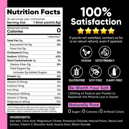 Venture Pal High Sodium Sugar-Free Electrolytes Powder Packets, 16 Sticks | Hydration Packets with Sodium, Potassium & Magnesium, Zero Calories, Keto, Vegan, and Paleo Friendly