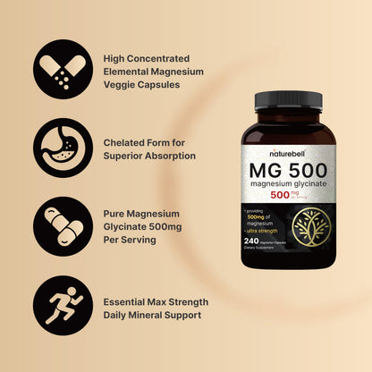 Magnesium Glycinate 500mg Per Serving | 240 Veggie Capsule, 100% Chelated