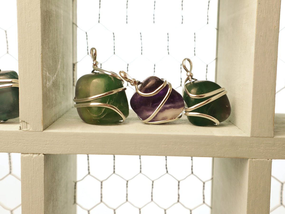 Shelf and Stone Rainbow Fluorite Wire Wrapped Pendant - Dark Hued Fluorite Crystal Necklace