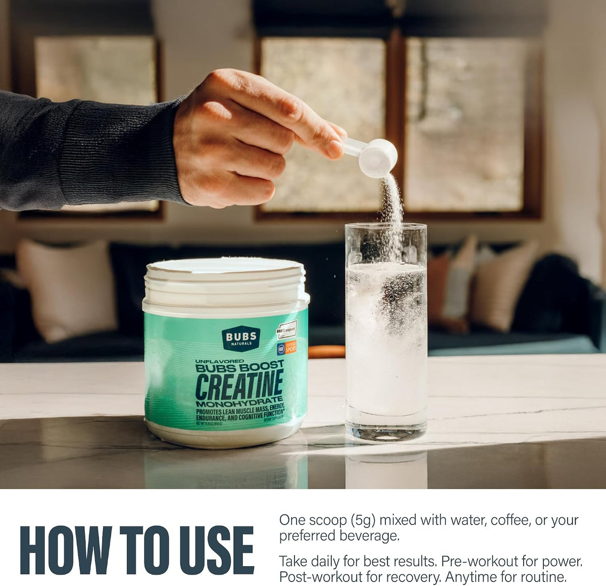 BUBS Boost Creatine Monohydrate – 90 Servings | 5g Creapure® Creatine Powder | NSF Certified for Sport | Supports Strength, Power & Performance | Unflavored, No Fillers