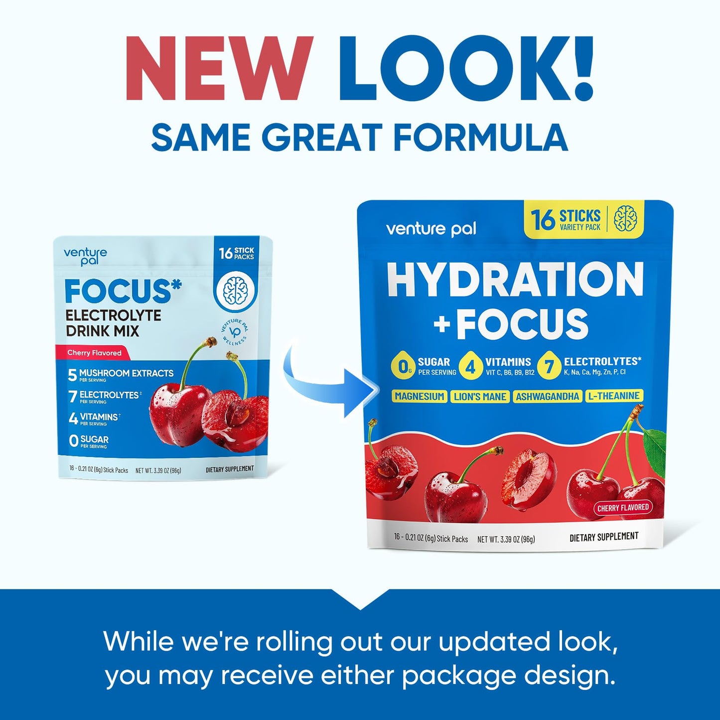 Venture Pal Sugar Free Hydration + Focus Electrolyte Packets, 16 Sticks | 7 Electrolytes + Vitamins, Magnesium, Lion's Mane & Ashwagandha, Boost Clarity & Energy, Electrolytes Powder, Vegan, Keto