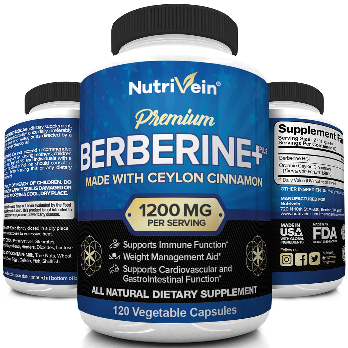 Nutrivein Premium Berberine HCL 1200mg Plus Organic Ceylon Cinnamon - 120 Capsules