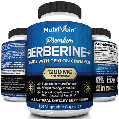 Nutrivein Premium Berberine HCL 1200mg Plus Organic Ceylon Cinnamon - 120 Capsules
