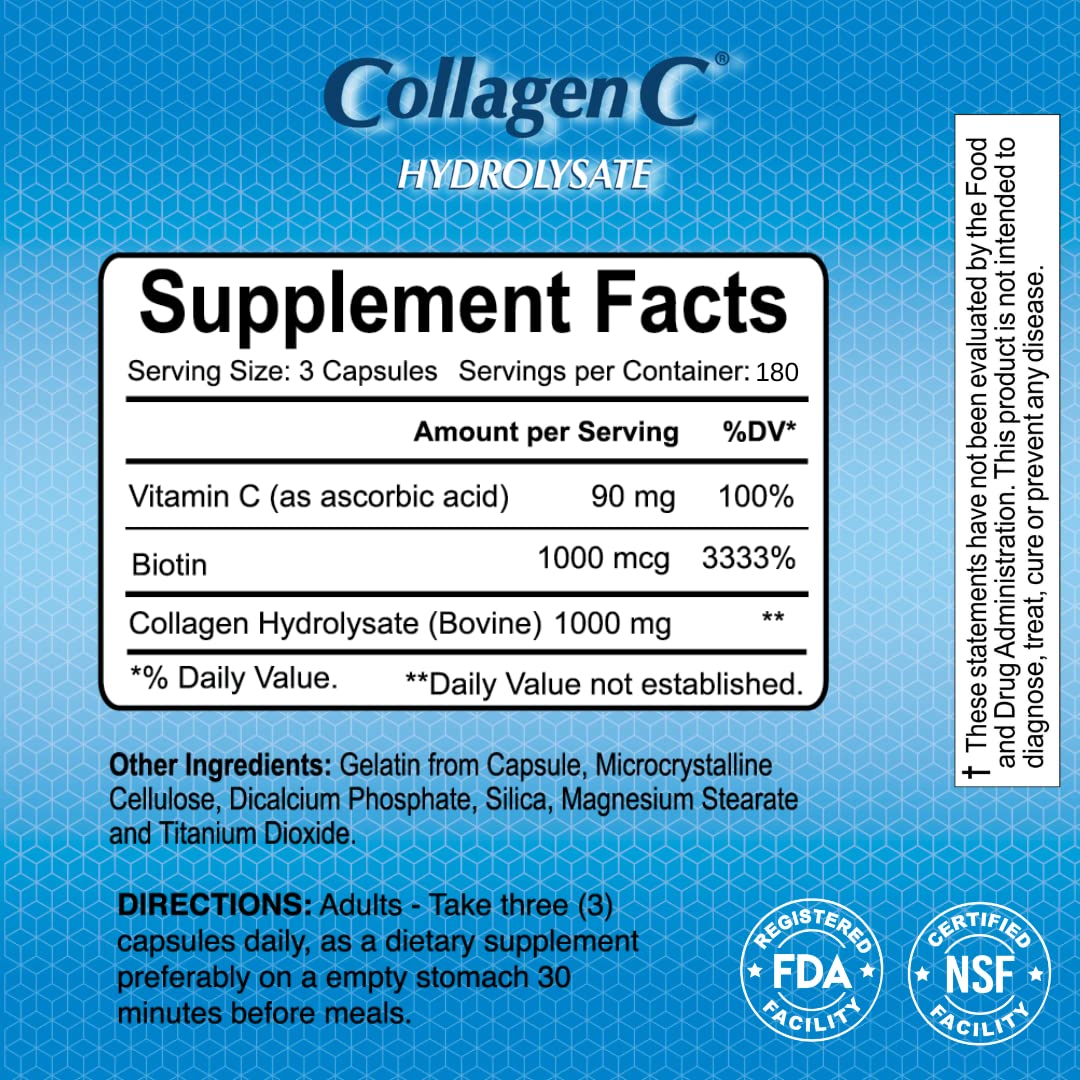 ALFA VITAMINS CollagenC Collagen Hydrolysate Capsules with Biotin - Anti-Aging Nutritional Supplement for Skin, Nails & Hair Rejuvenation - Supports Bone & Muscle - Made in USA - 180 Capsules - 1 Pack