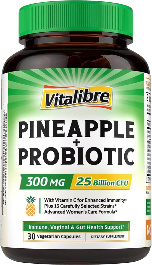 Vitalibre Pineapple + Probiotic, 300 mg, 25 Billion CFUs, 13 Strains, Natural Vitamin C, Powerful Antioxidants, for Immunity, Vaginal, Gut Health, 30 Vegan Capsules, Non GMO