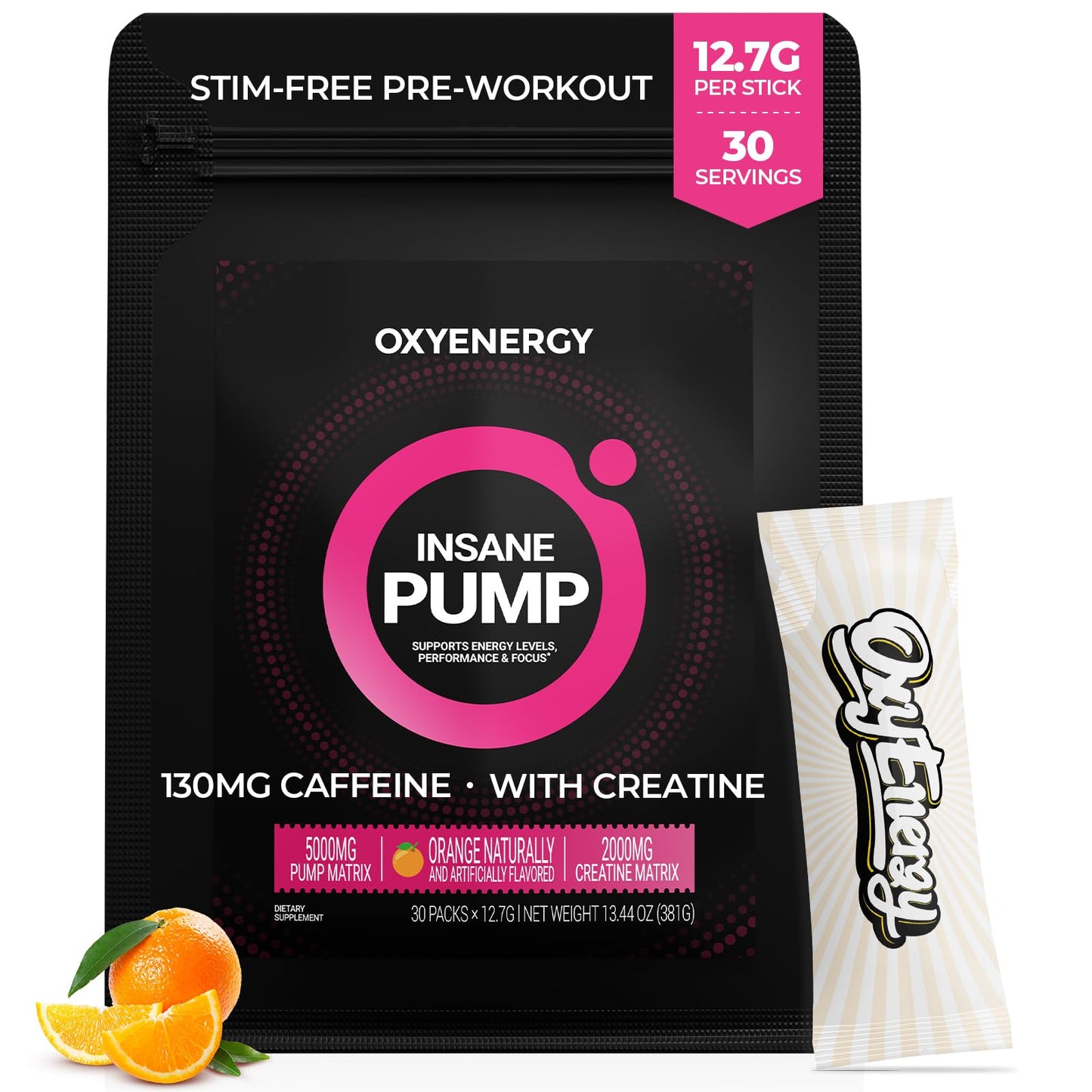 OxyEnergy Stim-Free Pre Workout Powder for Men & Women - 30 Stick Packs, 130mg Low Caffeine Energy & Focus with Beta Alanine, L-Citrulline, Creatine & Taurine - Orange, Sugar Free