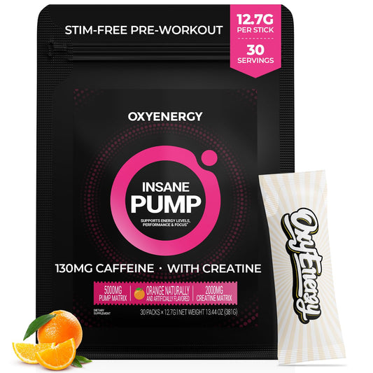 OxyEnergy Stim-Free Pre Workout Powder for Men & Women - 30 Stick Packs, 130mg Low Caffeine Energy & Focus with Beta Alanine, L-Citrulline, Creatine & Taurine - Orange, Sugar Free