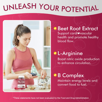 Beet Root Gummies, 9 IN 1 Nitric Oxide Supplements for Men & Women w/ L-Arginine, B1, B2, B3, B5, B6, Folate, B12, Sugar Free Beetroot Gummies for Energy Boost & Circulation, 120 Beet Chews, Vegan