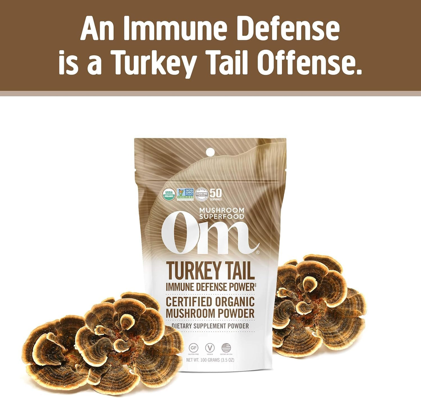 OM MUSHROOM SUPERFOOD Turkey Tail Organic Mushroom Powder Pouch, 7.05 Ounce, 100 Servings, Immune Support, Polysacchrides, Beta-Glucans, Gut Health & Holistic Defense Mushroom Supplement