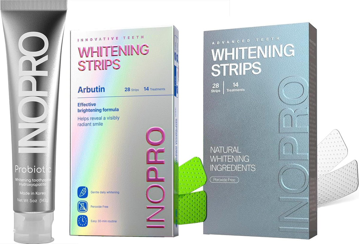 InoPro Whitening Hydroxyapatite Toothpaste + Green Teeth Whitening Strips 14 Treatments + Natural Teeth Whitening Strips Kit 14 Treatments Kit