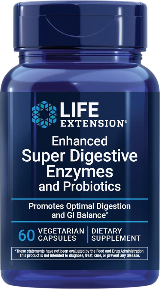 Life Extension Enhanced Super Digestive Enzymes and Probiotics, 60 Capsules | B. Coagulans Probiotic & Blend of 10 Digestive Enzymes, Supports Digestion, Comfort & GI Balance for Plant-Based Diets