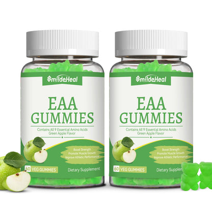 EAA Gummies, Essential Amino Acids, Apple Flavor, 60 Vegan Gummies | All 9 Essential Aminos (EAA) and All Branched-Chain Aminos (BCAAs) for Muscle Recovery, Energy Support, Non-GMO, Gluten Free
