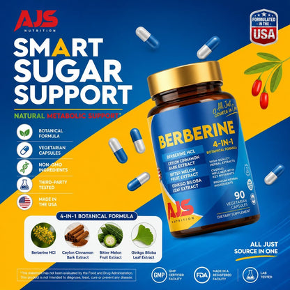 AJS Berberine HCl Supplement with Ceylon Cinnamon Bark, Bitter Melon Fruit