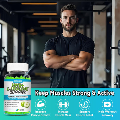 HMB and L-Leucine Gummies, 4000mg HMB and Leucine Supplements Amino Acid Gummies for Men & Women, Support Muscle Growth, Muscle Relief and Workout Recovery, Sugar-Free, Vegan, Apple Flavor, 120 Count