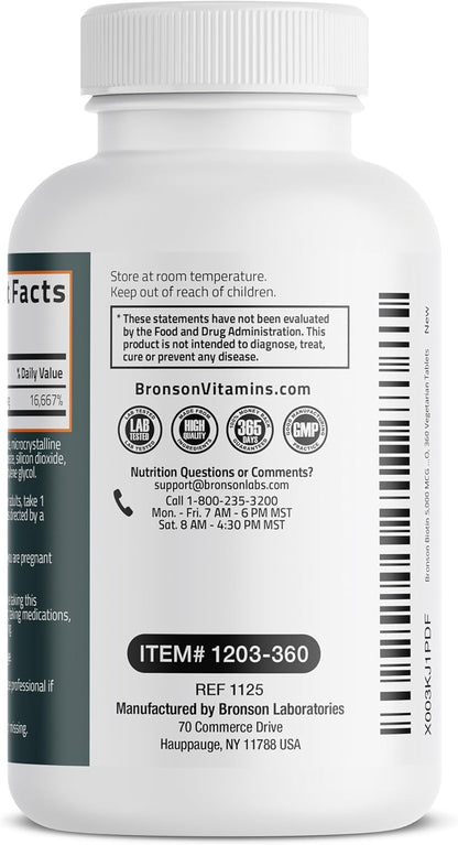 Bronson Biotin 5,000mcg Hair Skin and Nails Vitamins, 360 Tablets | Vegetarian Beauty Support, Non-GMO, Gluten-Free, Soy-Free, Supports Healthy Hair, Skin and Nails