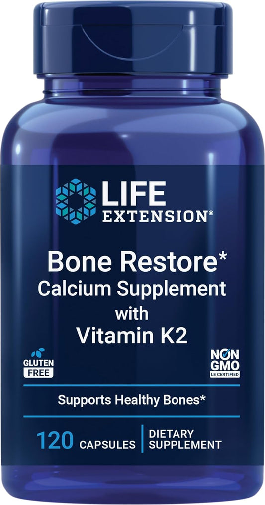 Life Extension Bone Restore with Vitamin K2 – Bone Health Supplement for Strong Bones – 3 Types of Absorbable Calcium, Vitamins D3 and K2, Minerals – Gluten-Free, Non-GMO – 120 Capsules | 3 Types of Absorbable Calcium with Vitamins D3 & K2 & Minerals for