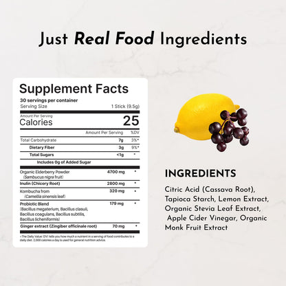 JUST INGREDIENTS Elderberry Lemonade 3-in-1 Probiotic Complex - Prebiotics, Probiotics & Postbiotics - 30 Sticks