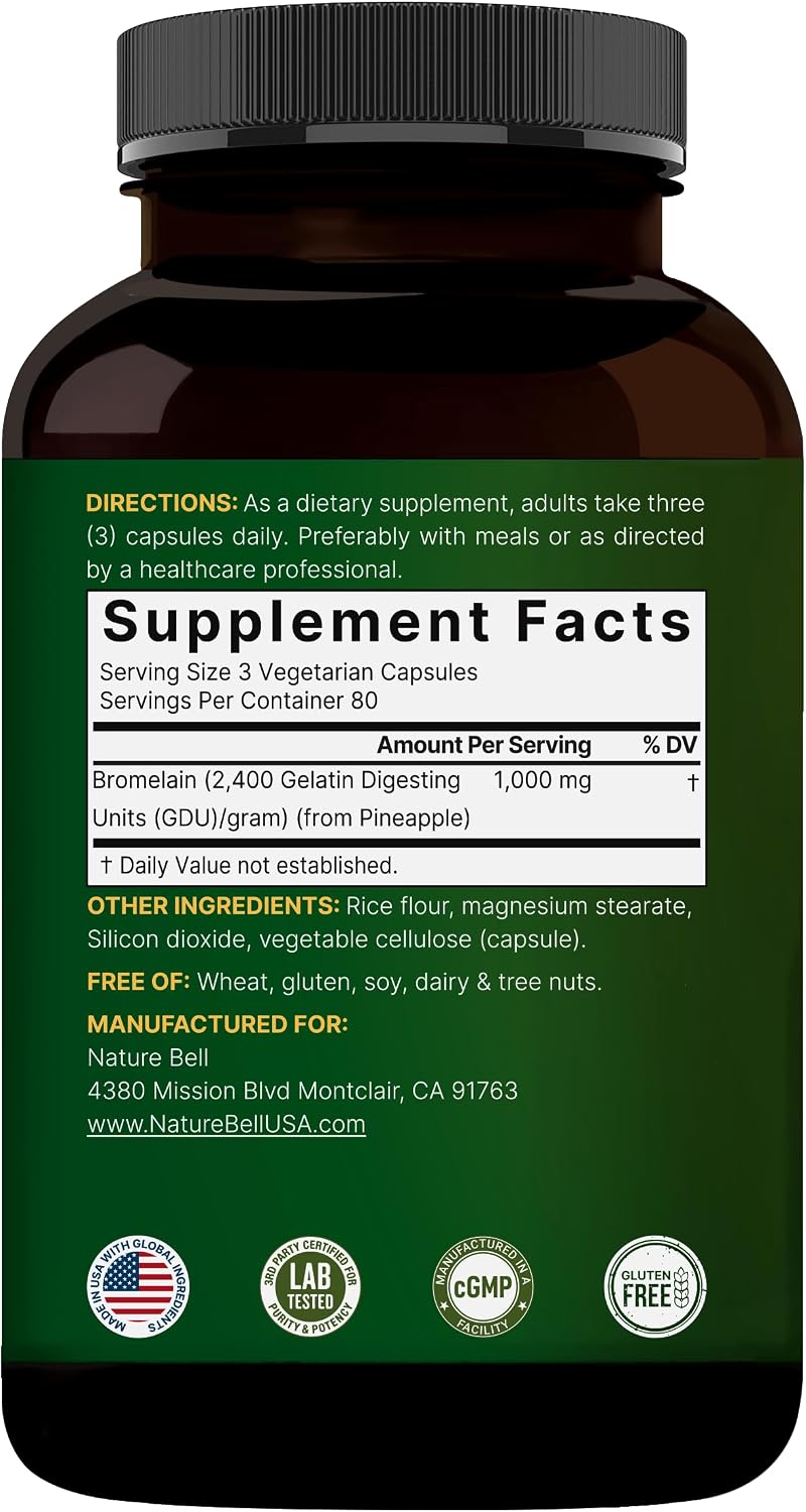 NatureBell Bromelain, 1,000mg Per Serving, 240 Veggie Capsules | 2,400 GDU – Digestive Enzymes & Joint Support Supplement – Proteolytic Enzymes for Digestion, Fresh Pineapple Source – Non-GMO