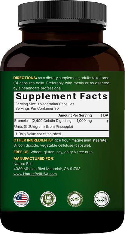 NatureBell Bromelain, 1,000mg Per Serving, 240 Veggie Capsules | 2,400 GDU – Digestive Enzymes & Joint Support Supplement – Proteolytic Enzymes for Digestion, Fresh Pineapple Source – Non-GMO