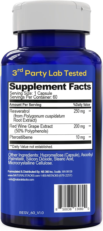 Resveratrol 250mg With Trans-Pterostilbene, Antioxidant Support, 60 Count | Sourced from Japanese knotweed with 200mg red wine extract. Extra strength formula for healthy aging and cellular defense.