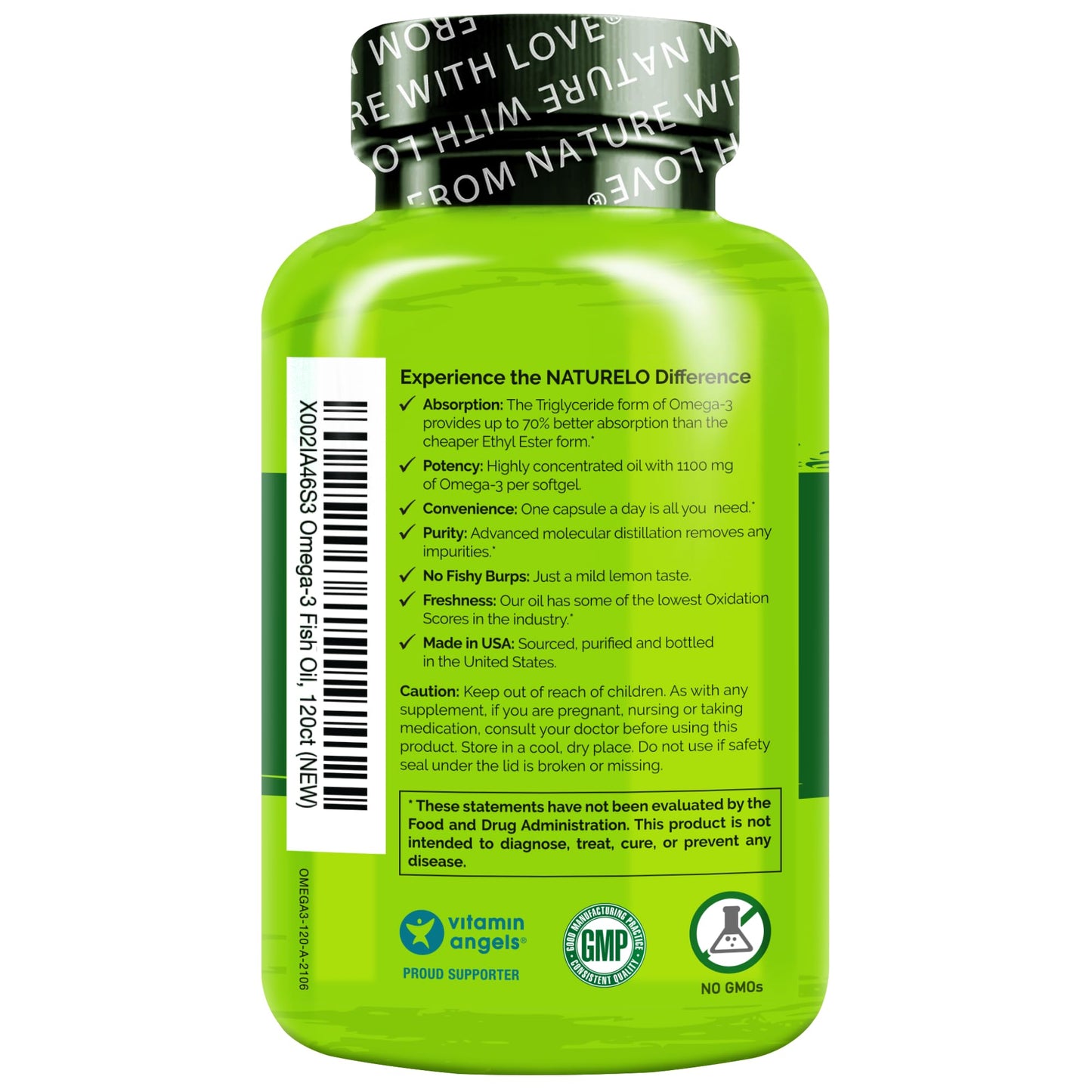 NATURELO Burpless Omega 3 Fish Oil Supplement - 1100mg Triglyceride Omega-3, EPA + DHA, Liquid Fish Oil for Heart, Eye, Brain, Joint Health - 120 Softgels, 4 Months Supply